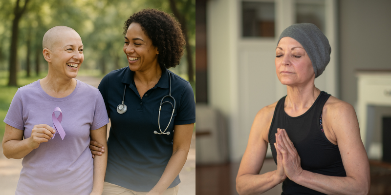 Cancer survivor practicing yoga to improve mental health and build resilience after treatment.

