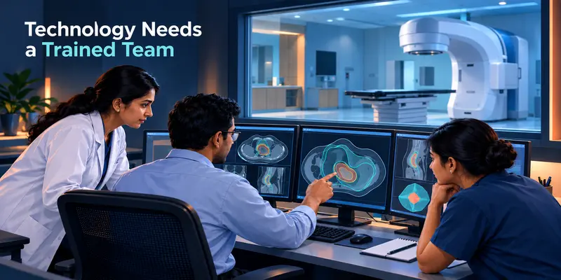 Radiotherapy team reviewing treatment plans using the latest LINAC technology