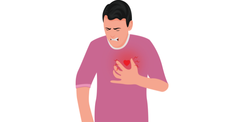 Illustration of an exhausted man with a glowing heart icon on her chest, symbolizing early signs of a heart problem such as unexplained fatigue