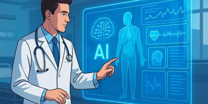 Doctor interacting with a holographic AI interface showing patient vitals and diagnostic images, symbolizing generative AI in healthcare aiding clinical decision-making.