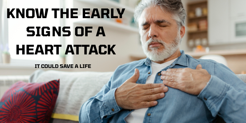 Illustration of an adult with hand on chest and symbolizing early signs of a heart attack.