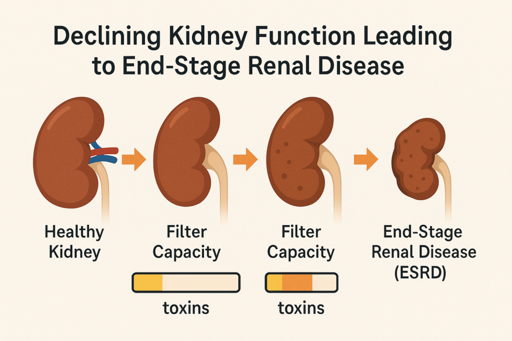 Diagram showing stages of kidney function decline to end-stage renal disease
