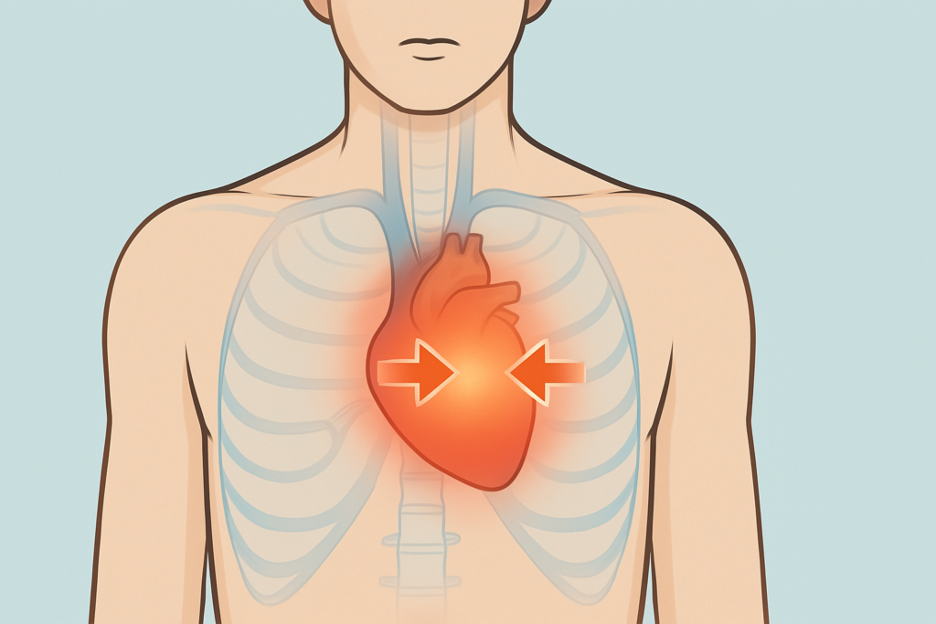 Early signs of heart attack. Medical illustration of a chest showing a glowing heart with pressure arrows, representing subtle chest discomfort as an early heart attack sign.