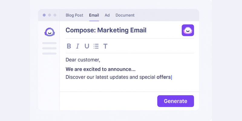 Jasper AI writing assistant creating marketing content in real time.