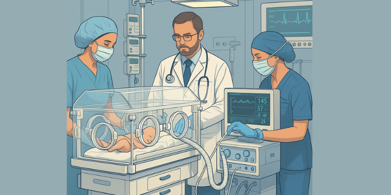 Medical team attending to an infant on a ventilator in a neonatal intensive care unit (NICU), illustrating the use of a High-Frequency Oscillation Ventilator (HFOV) in neonatal care.
