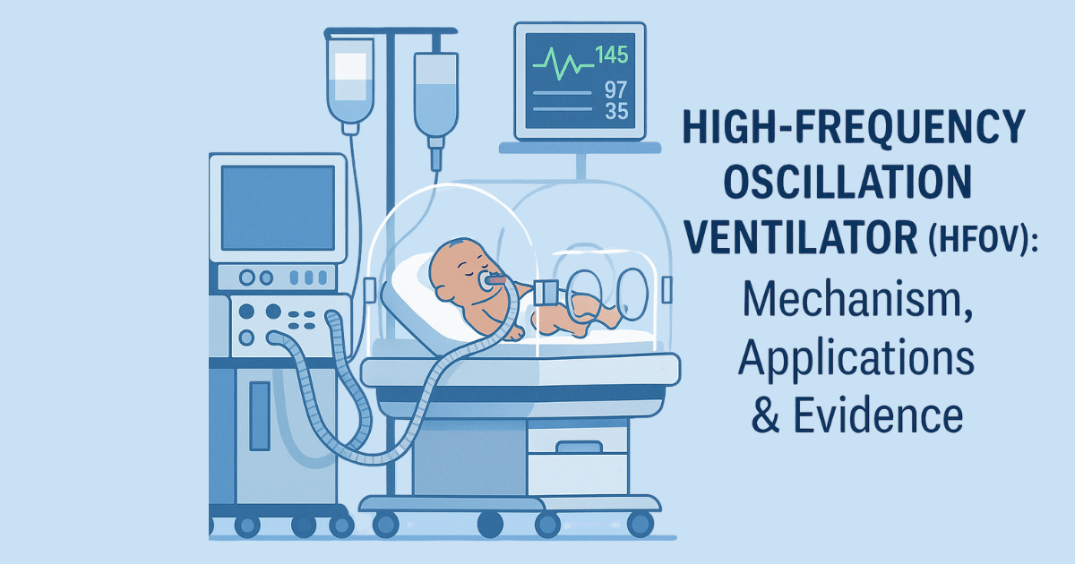 illustration of an infant in a NICU incubator connected to a High-Frequency Oscillation Ventilator (HFOV), with medical monitors and overlay text showing “Mechanism, Applications & Evidence.”