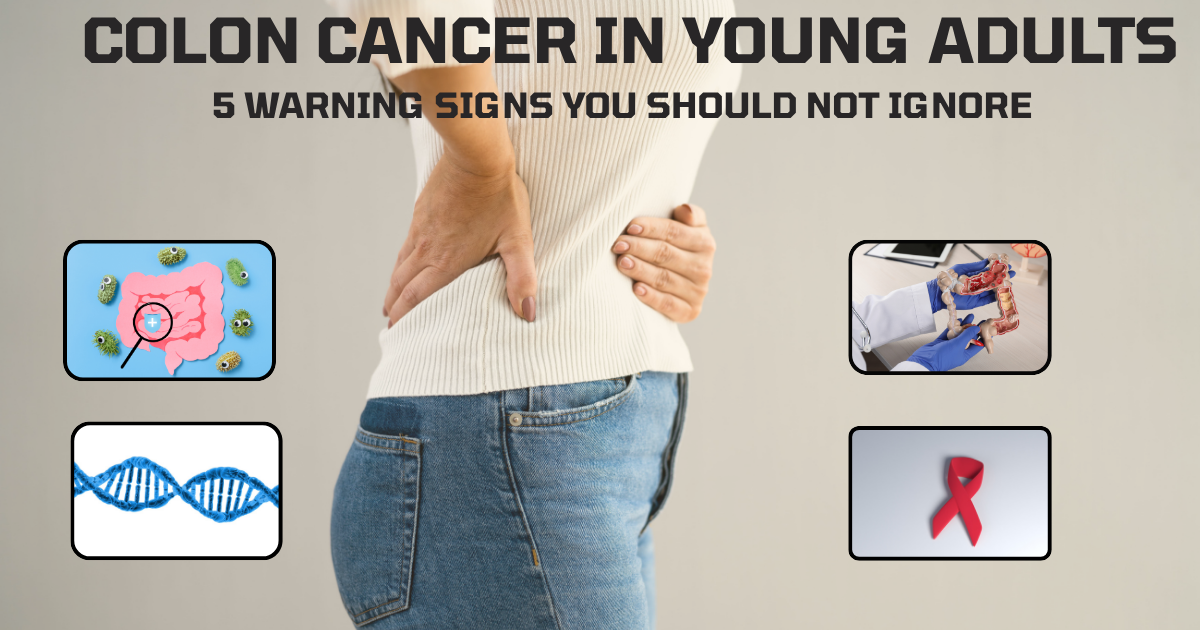 Illustration of a young woman holding her stomachs in pain, with a colon diagram and warning icons in the background, highlighting early signs of colon cancer in young adults.
