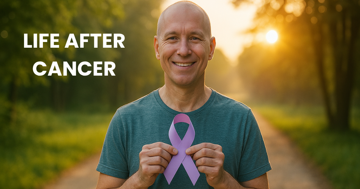 Hopeful middle-aged cancer survivor holding a lavender ribbon at sunrise, with the words “Life After Cancer” above, symbolizing recovery and mental wellness.