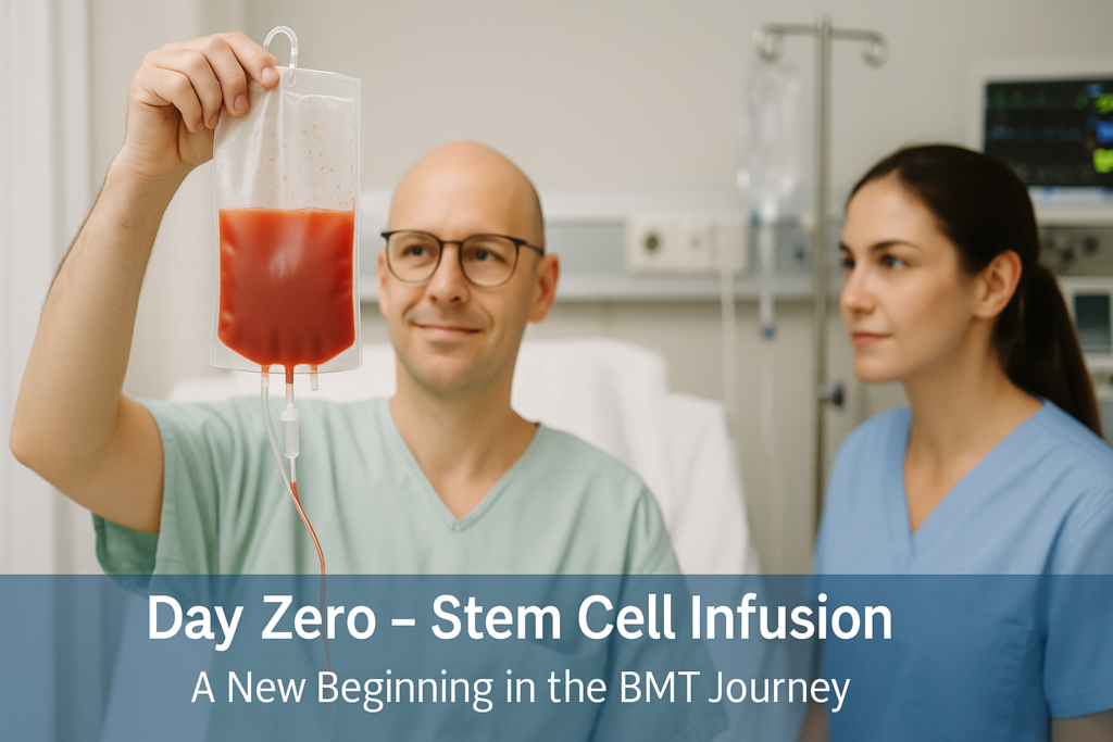 Patient holding a bag of red stem cells during a bone marrow transplant infusion, with a nurse monitoring in a hospital room.
