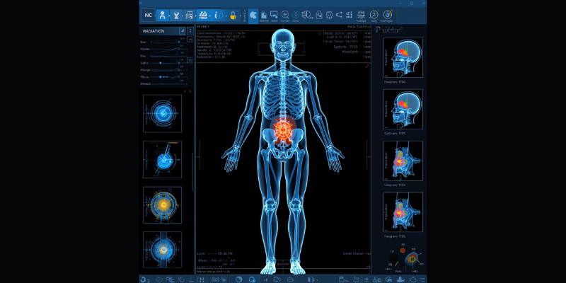 Physicist using treatment planning system software to plan brachytherapy dose distribution.