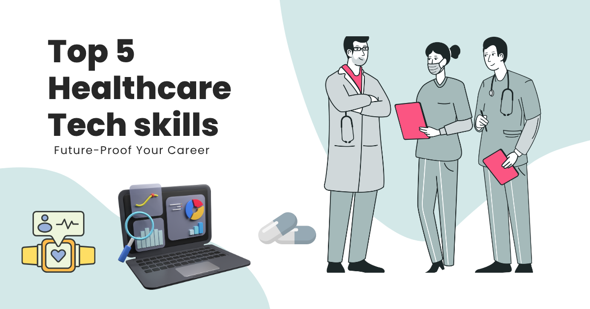 Futuristic healthcare technology concept with doctors, AI, data analytics, and wearable devices representing top healthcare tech skills in 2025.