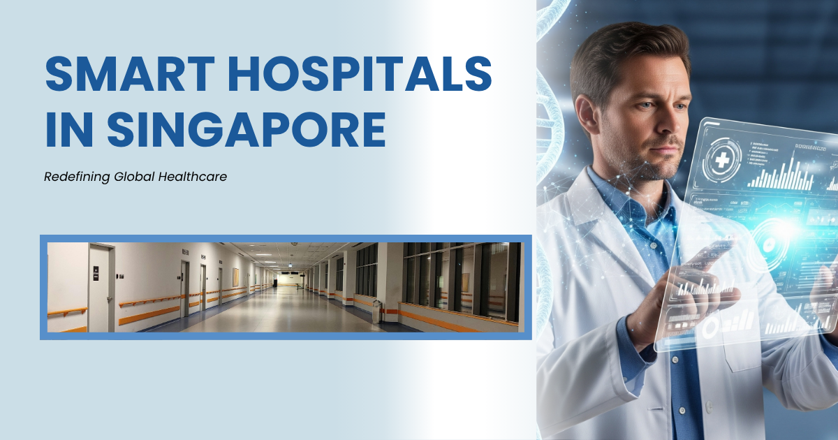 Doctor using futuristic digital interface in a modern smart hospital in Singapore, symbolizing healthcare innovation and technology integration.