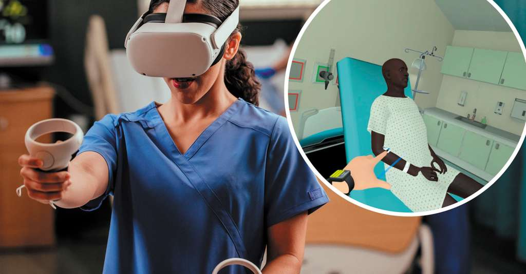 A nursing professional engages in a VR training module, interacting with a virtual patient in a simulated hospital room to practice clinical skills.