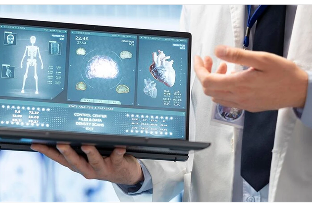 A professional analyzing complex medical data visualizations, including anatomical models and statistical analyses