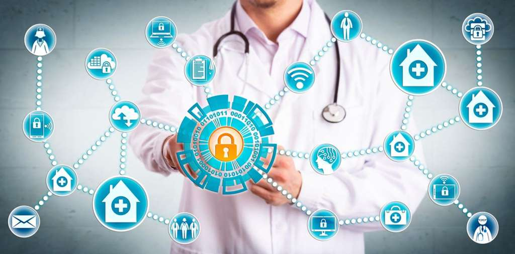A visual representation of a healthcare professional safeguarding a network of connected patient data and digital health services