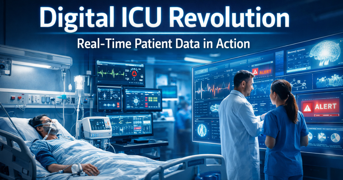 Digital ICU showing real-time patient data management with AI-powered monitoring and predictive analytics in a smart hospital ICU