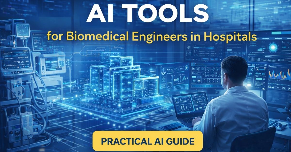 AI tools for biomedical engineers in hospitals showing predictive maintenance dashboards and smart healthcare systems