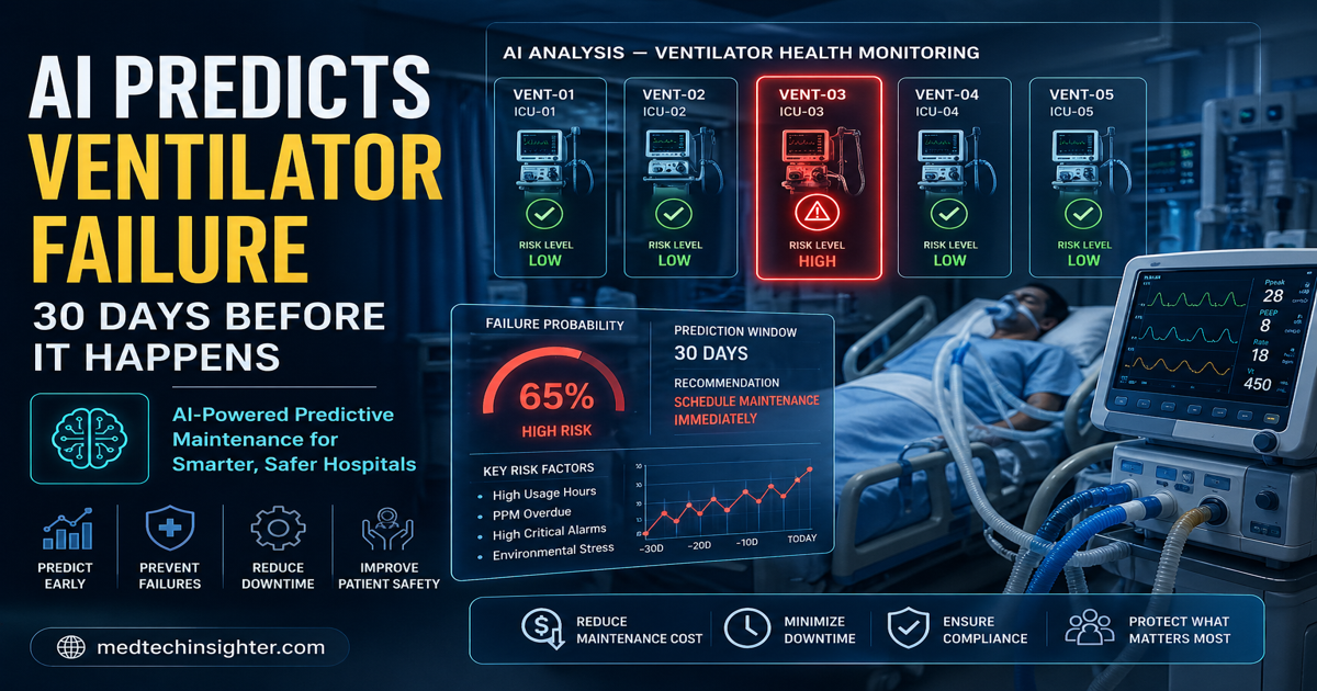 AI predictive maintenance in healthcare showing ventilator failure risk prediction with 65% probability in ICU setting