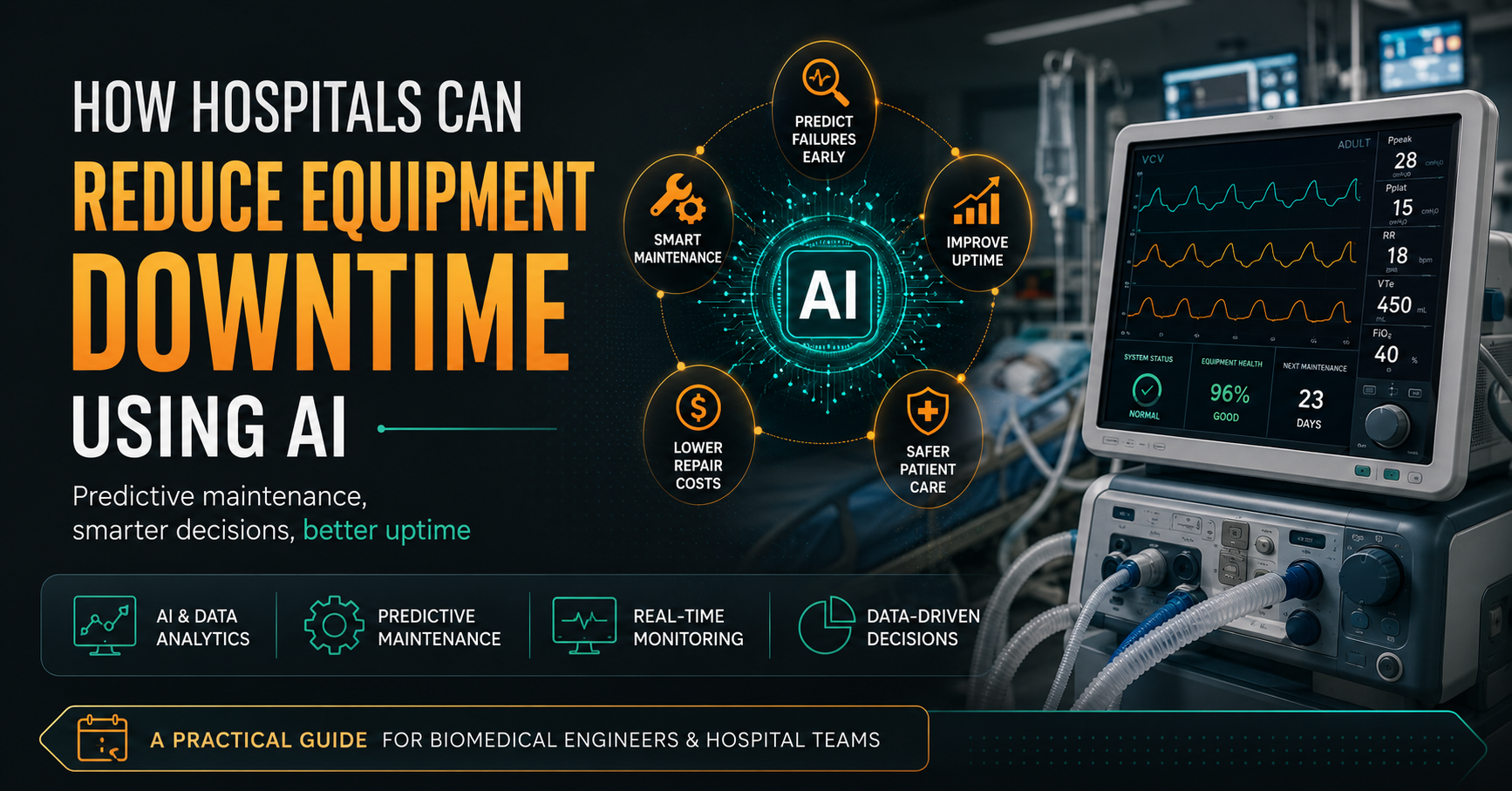 AI-powered hospital equipment maintenance dashboard showing predictive alerts to reduce equipment downtime using AI and improve uptime.