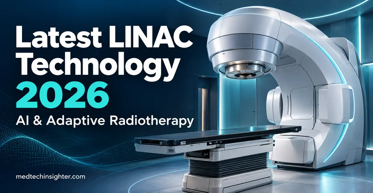 LINAC technology in 2026 — linear accelerator gantry delivering adaptive radiotherapy with the AI adaptive loop: image, AI contour, re-plan, deliver